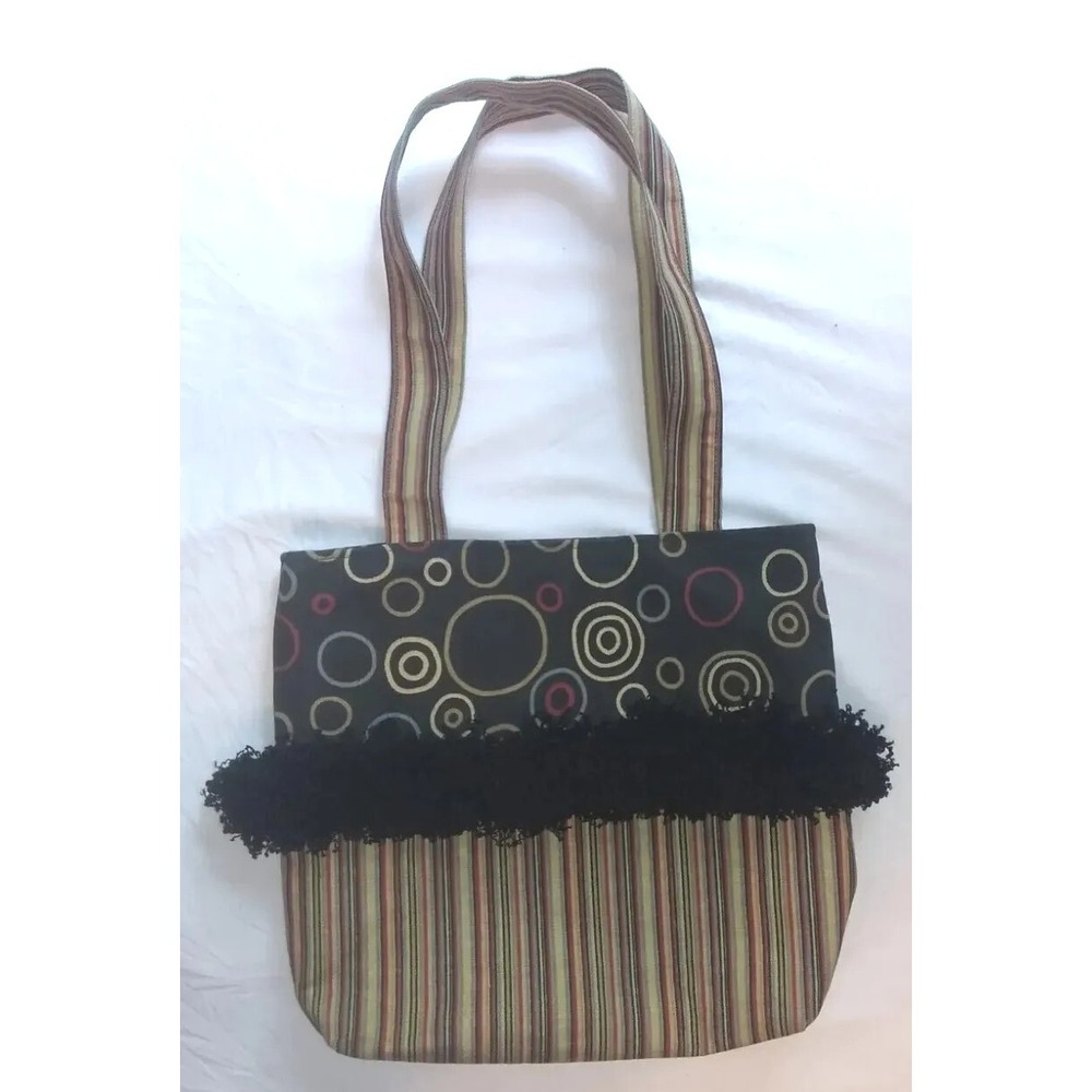 Bella Purse Bag Earth Tones Stripes Circles Black Trim 13"w 11"t‎  10.5" Straps